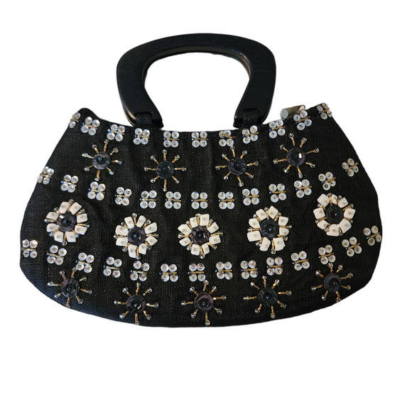 Vintage Style Black Woven Floral Beaded Satchel Purse Stacey Designs - Picture 1 of 7